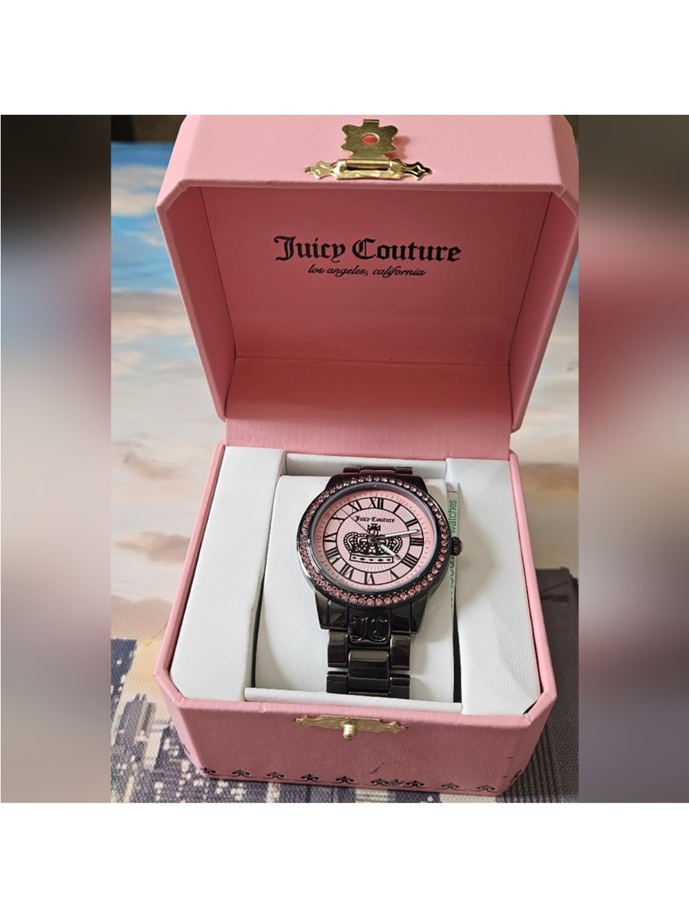 Juicy Couture Pink Dial with Black Bracelet Crystal Accent Watch